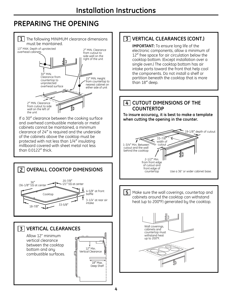 Preparing the opening, Installation instructions, Overall cooktop dimensions 2 | 5cutout dimensions of the countertop, Vertical clearances (cont.), Vertical clearances | GE Monogram ZHU36 User Manual | Page 4 / 32