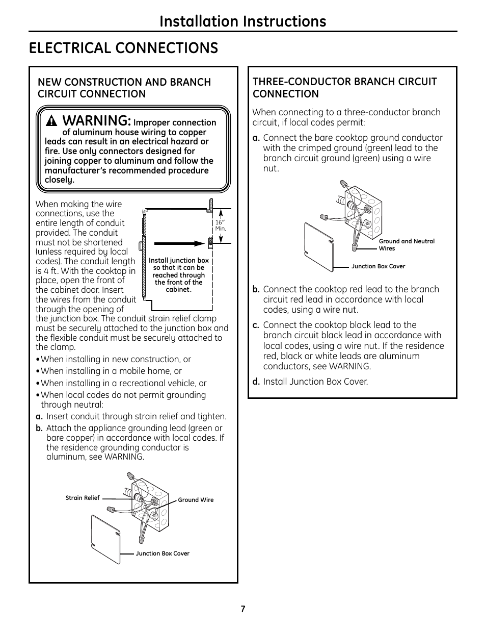 Electrical connections, Electrical connections installation instructions, Warning | New construction and branch circuit connection, Three-conductor branch circuit connection | GE Monogram ZHU36 User Manual | Page 7 / 32