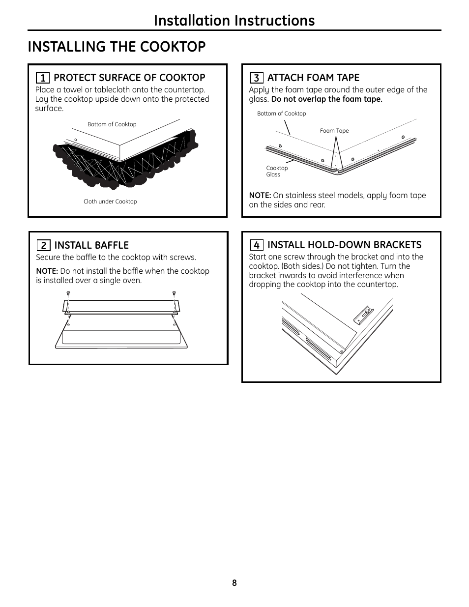 Installing the cooktop, Installation instructions | GE Monogram ZHU36 User Manual | Page 8 / 32