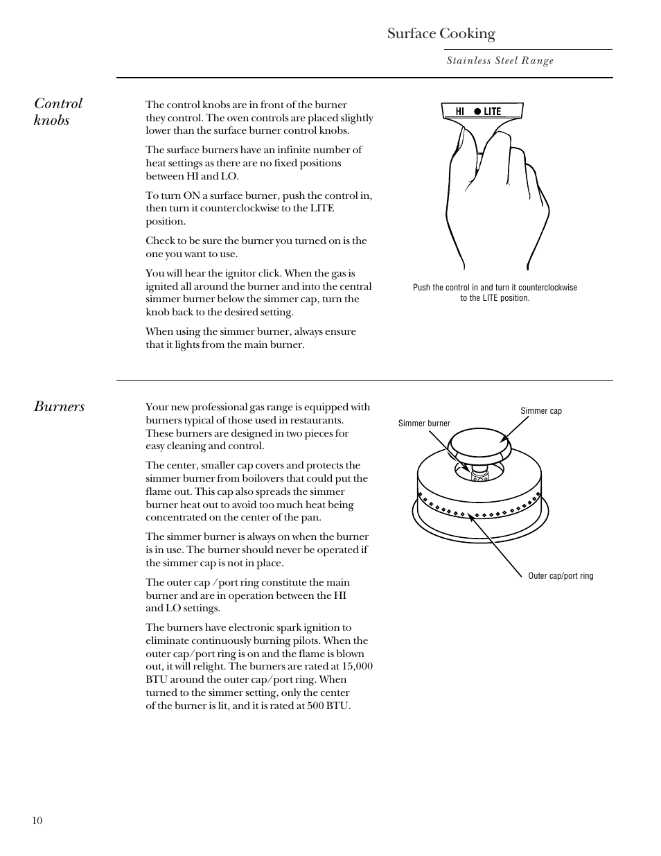 Burners, Burners –11, Surface cooking | Control knobs | GE Monogram 164D4290P031 User Manual | Page 10 / 28
