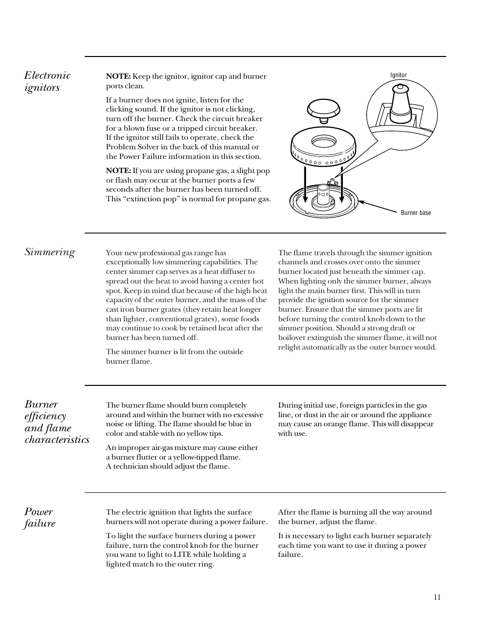 Electronic ignitors, Simmering, Electronic ignitors simmering | Burner efficiency and flame characteristics, Power failure | GE Monogram 164D4290P031 User Manual | Page 11 / 28