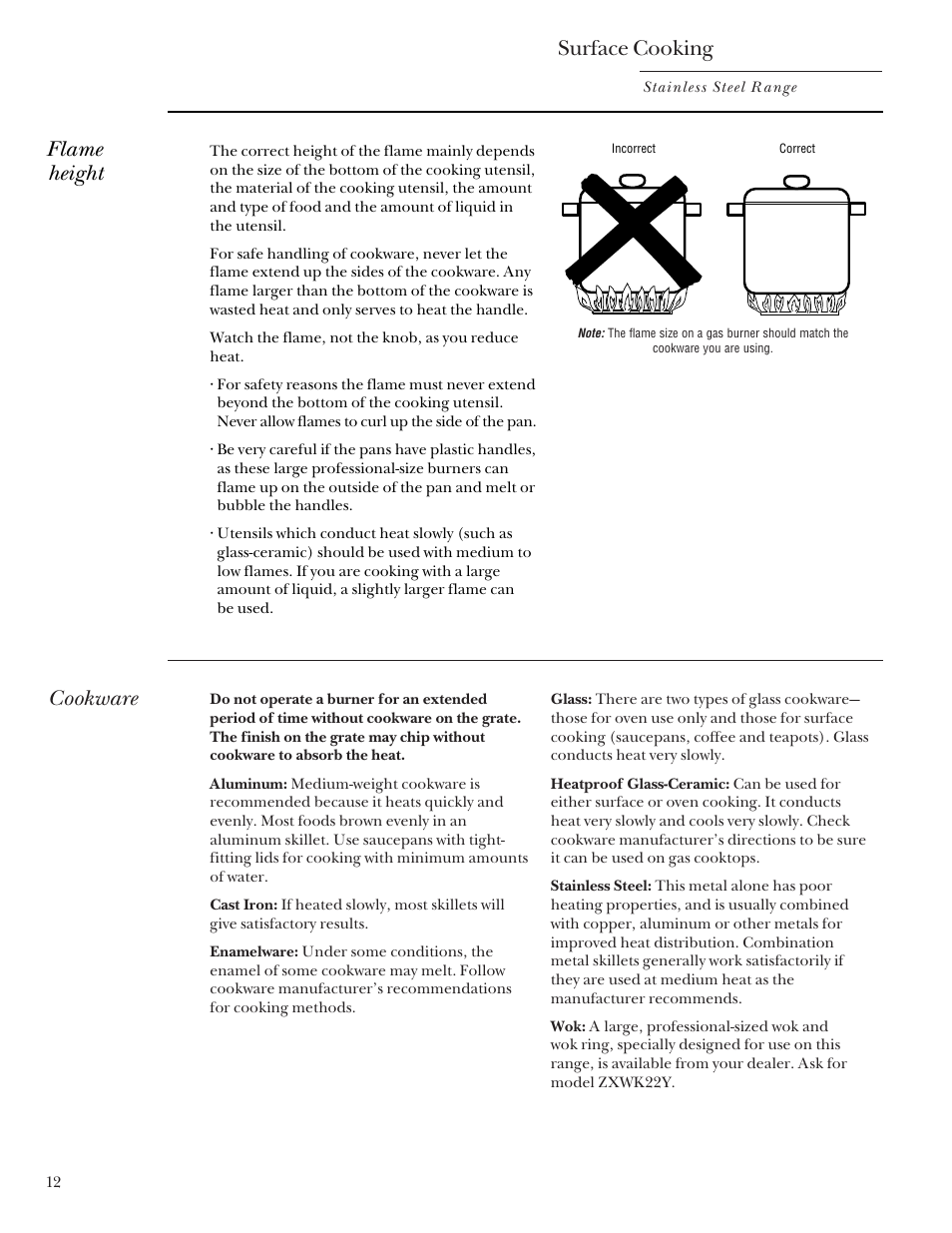 Cookware, Surface cooking, Flame height | GE Monogram 164D4290P031 User Manual | Page 12 / 28
