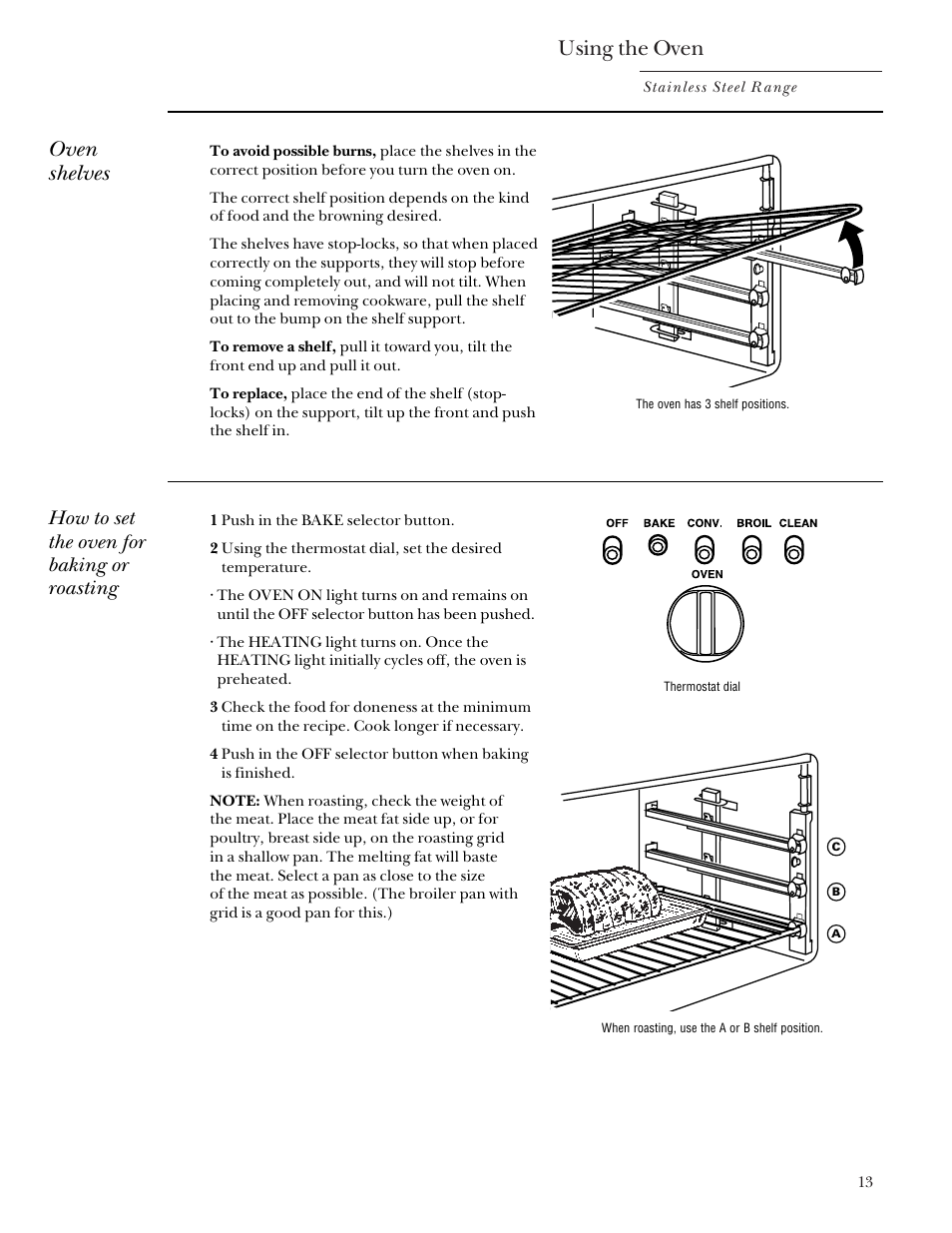 Baking/roasting, Baking/roasting –15, Using the oven | Oven shelves, How to set the oven for baking or roasting | GE Monogram 164D4290P031 User Manual | Page 13 / 28
