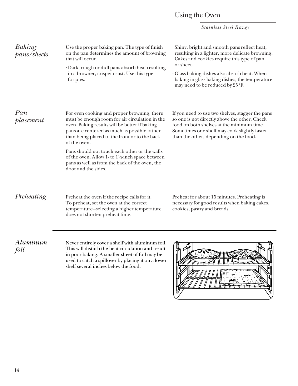 Using the oven, Baking pans/sheets, Pan placement | Preheating, Aluminum foil | GE Monogram 164D4290P031 User Manual | Page 14 / 28