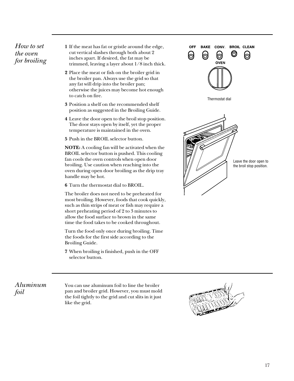 Broiling/broiling guide, Broiling/broiling guide , 18, How to set the oven for broiling | Aluminum foil | GE Monogram 164D4290P031 User Manual | Page 17 / 28