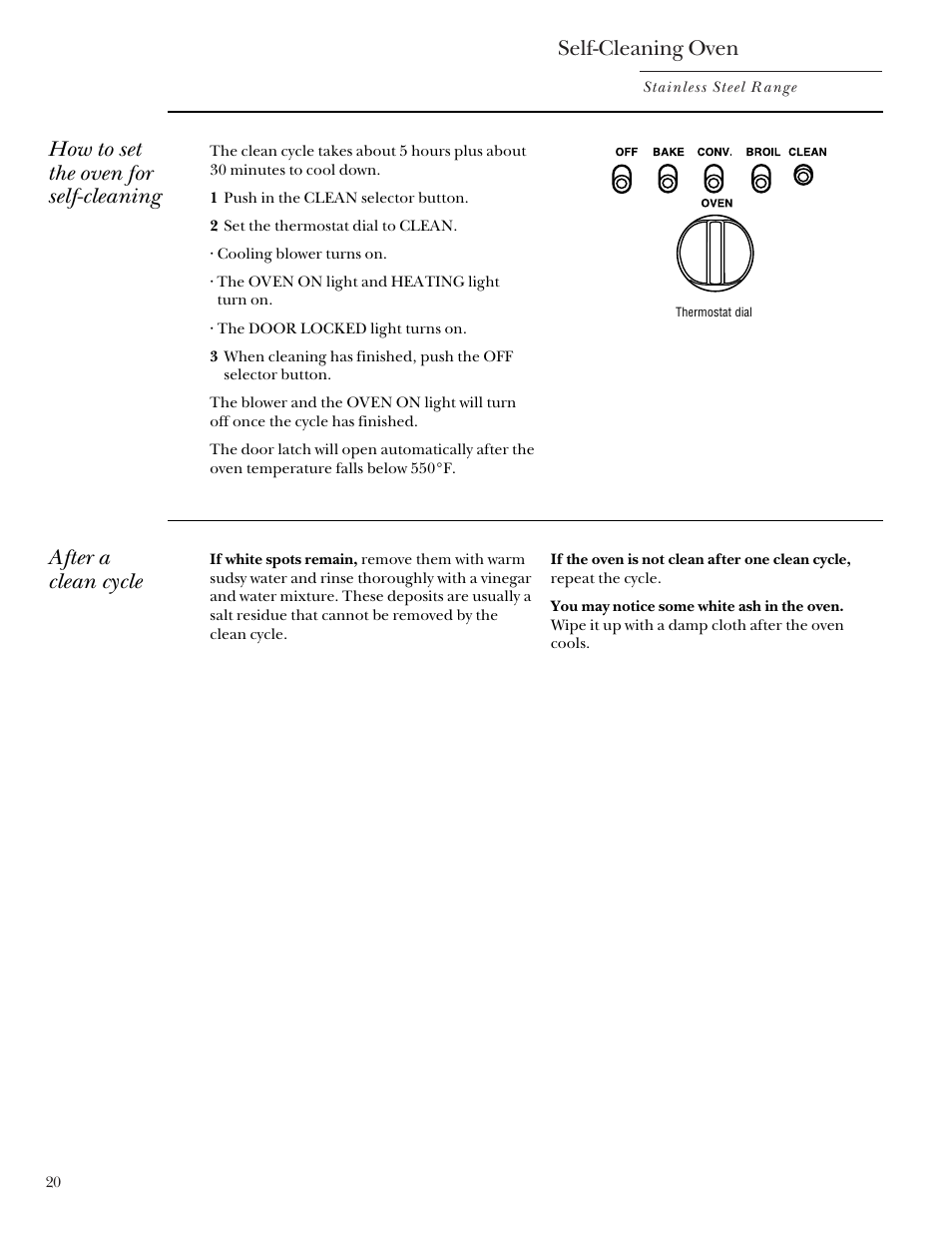 Self-cleaning oven, How to set the oven for self-cleaning, After a clean cycle | GE Monogram 164D4290P031 User Manual | Page 20 / 28
