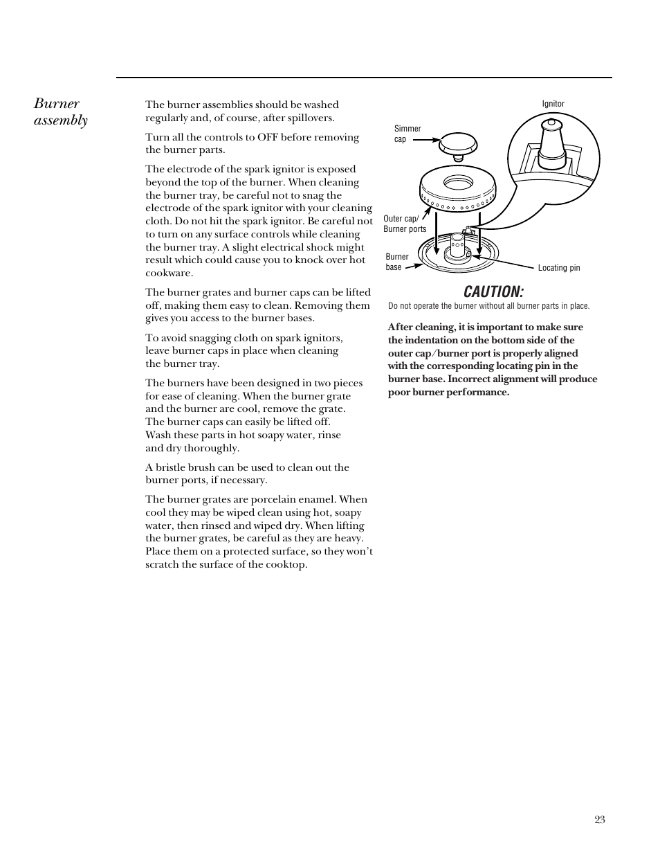 Burner assembly, Caution | GE Monogram 164D4290P031 User Manual | Page 23 / 28