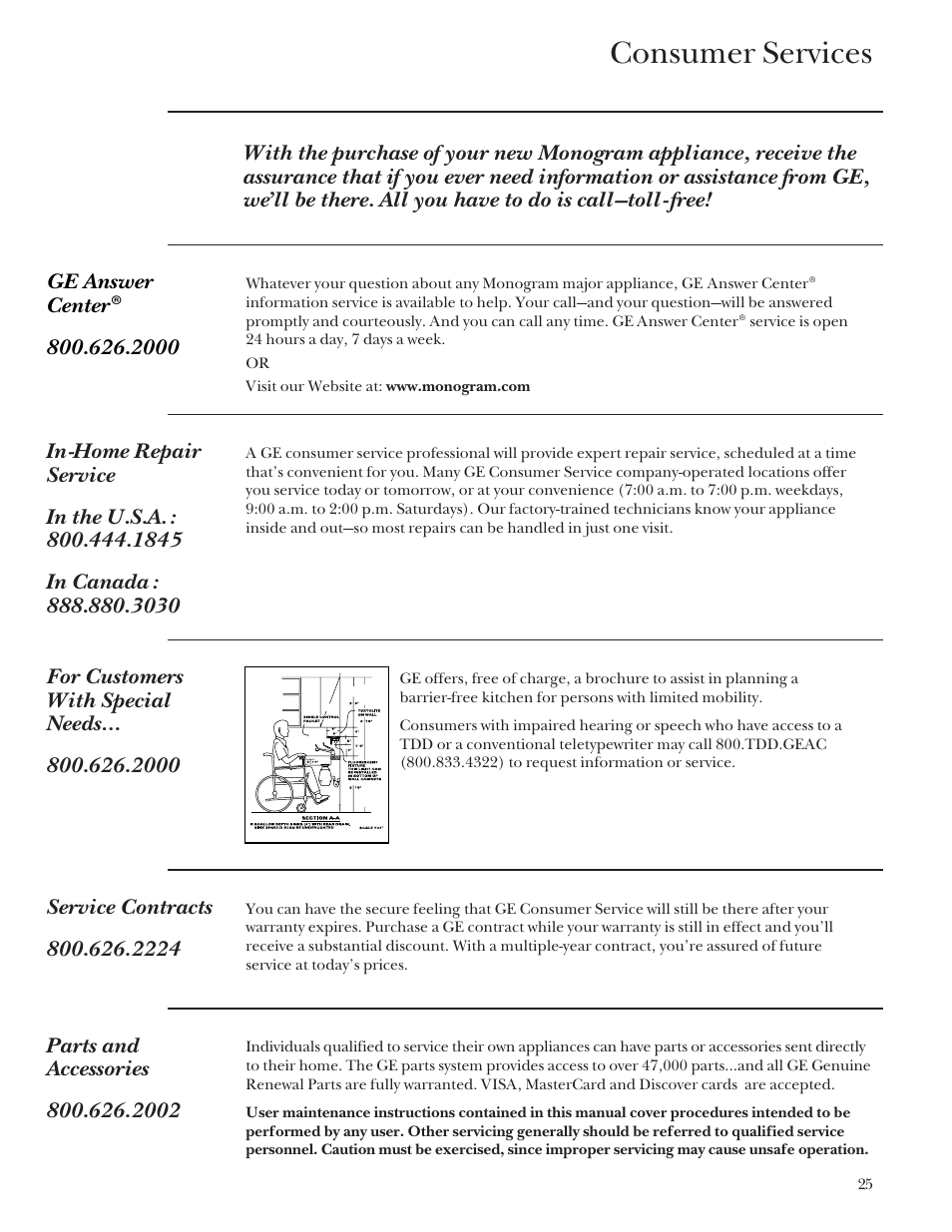 Important phone numbers, Consumer services | GE Monogram 164D4290P031 User Manual | Page 25 / 28