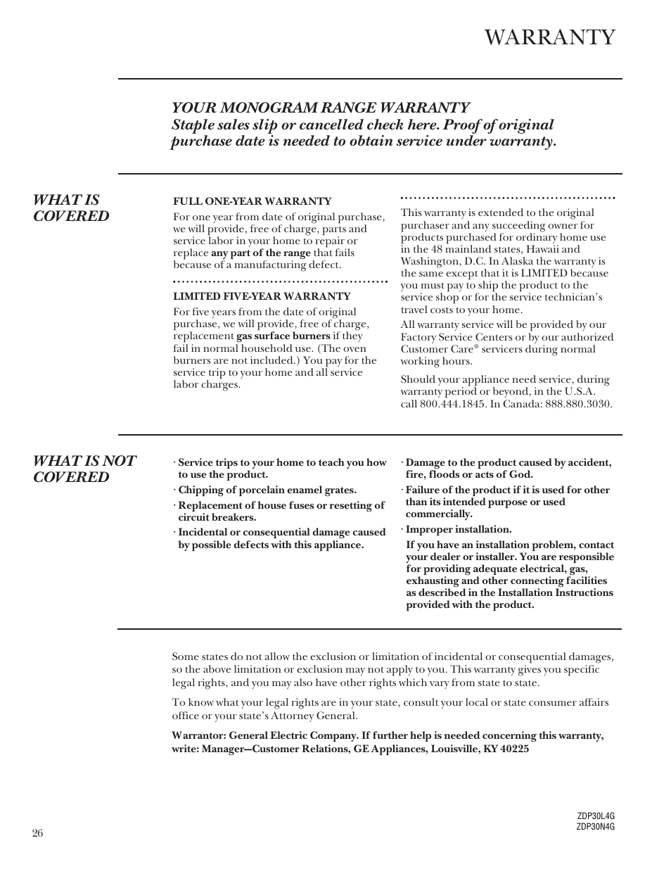 Warranty, What is not covered | GE Monogram 164D4290P031 User Manual | Page 26 / 28