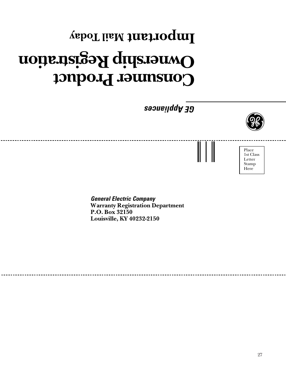 Consumer product ownership registration, Important, Mail t oday | GE Monogram 164D4290P031 User Manual | Page 27 / 28
