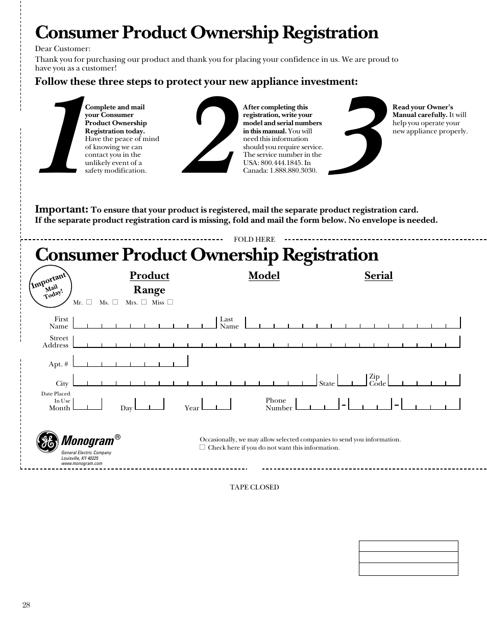 Product registration, Product registration , 27, 28, Consumer product ownership registration | GE Monogram 164D4290P031 User Manual | Page 28 / 28