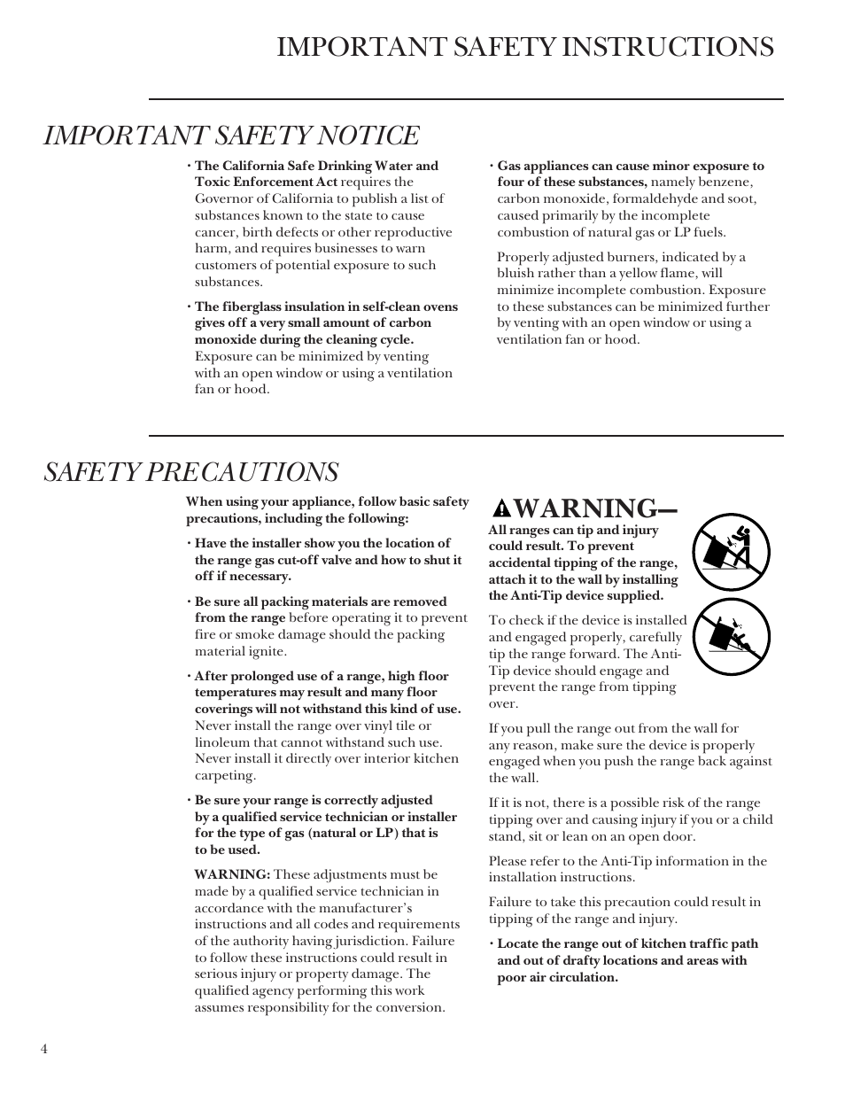 Safety instructions, Safety instructions , 4–8, Safety precautions | Warning | GE Monogram 164D4290P031 User Manual | Page 4 / 28