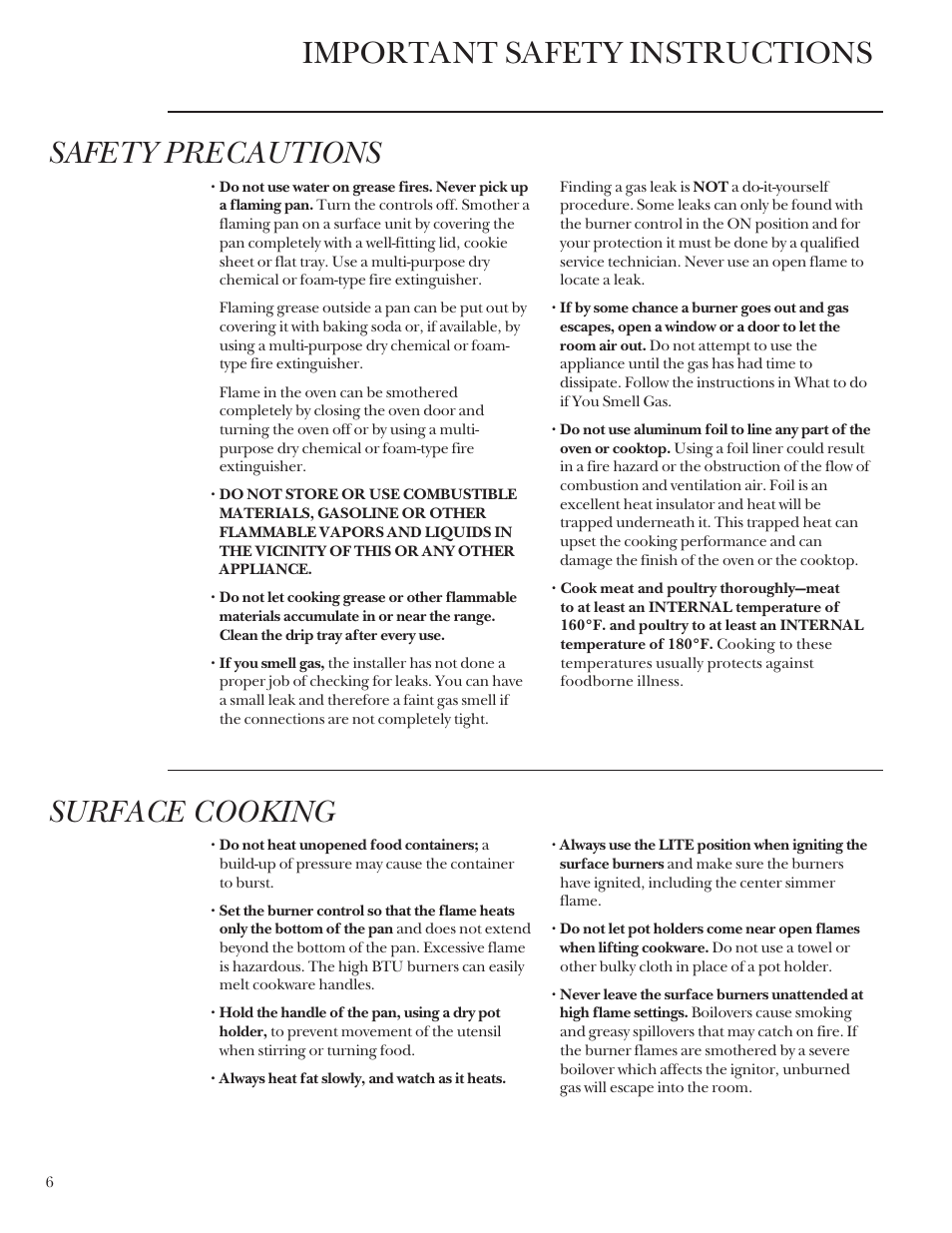 Aluminum foil, Aluminum foil , 14, 17, Important safety instructions | Safety precautions, Surface cooking | GE Monogram 164D4290P031 User Manual | Page 6 / 28