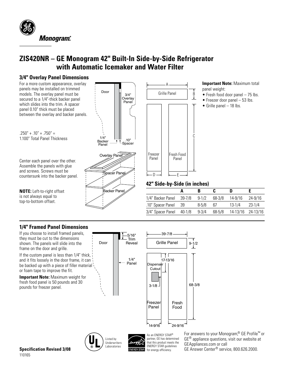 194dia6, 3/4" overlay panel dimensions, 42" side-by-side (in inches) | 1/4" framed panel dimensions | GE Monogram ZIS420NR User Manual | Page 3 / 6