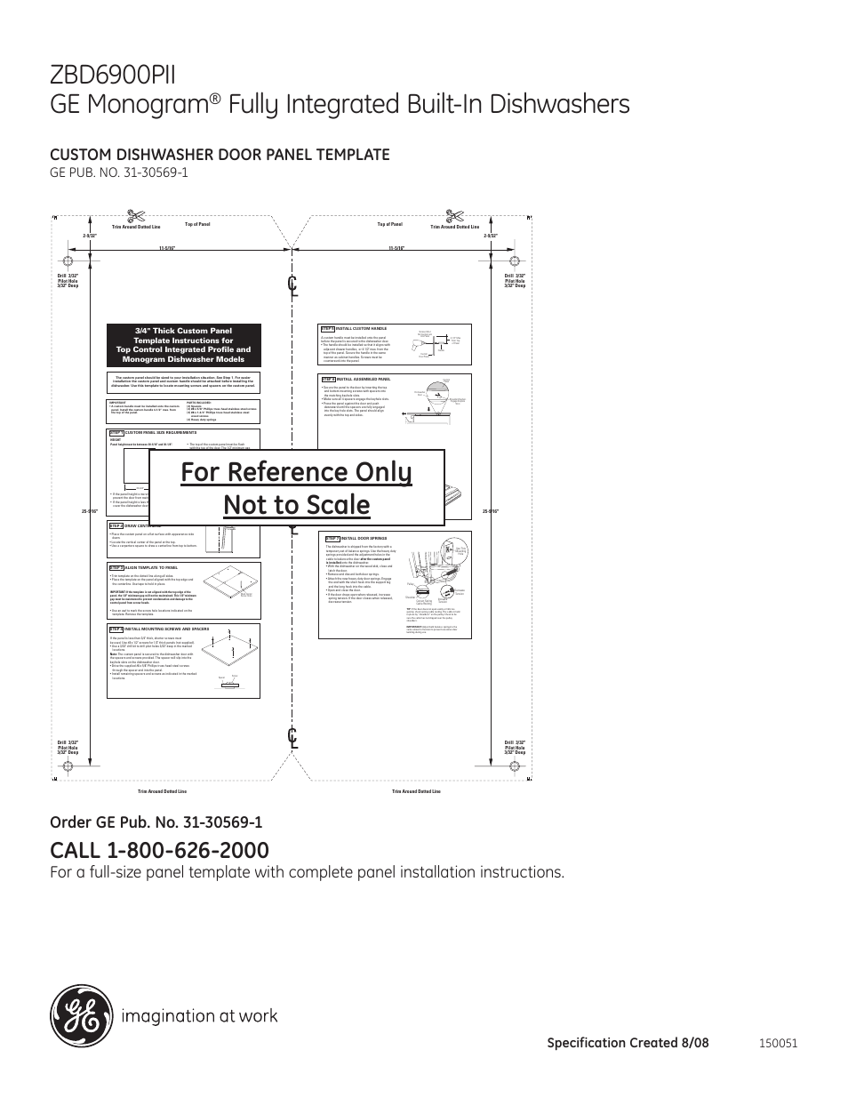 Fully integrated built-in dishwashers, Custom dishwasher door panel template, Specification created 8/08 | GE Monogram ZBD6920PSS User Manual | Page 2 / 3