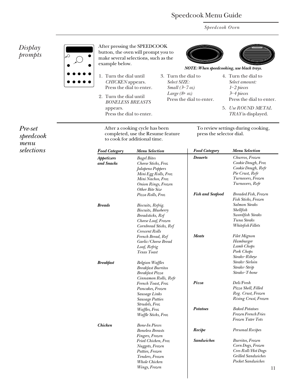 Speedcook menu guide, Display prompts, Pre-set speedcook menu selections | Speedcook oven | GE Monogram SCA2000 User Manual | Page 11 / 48