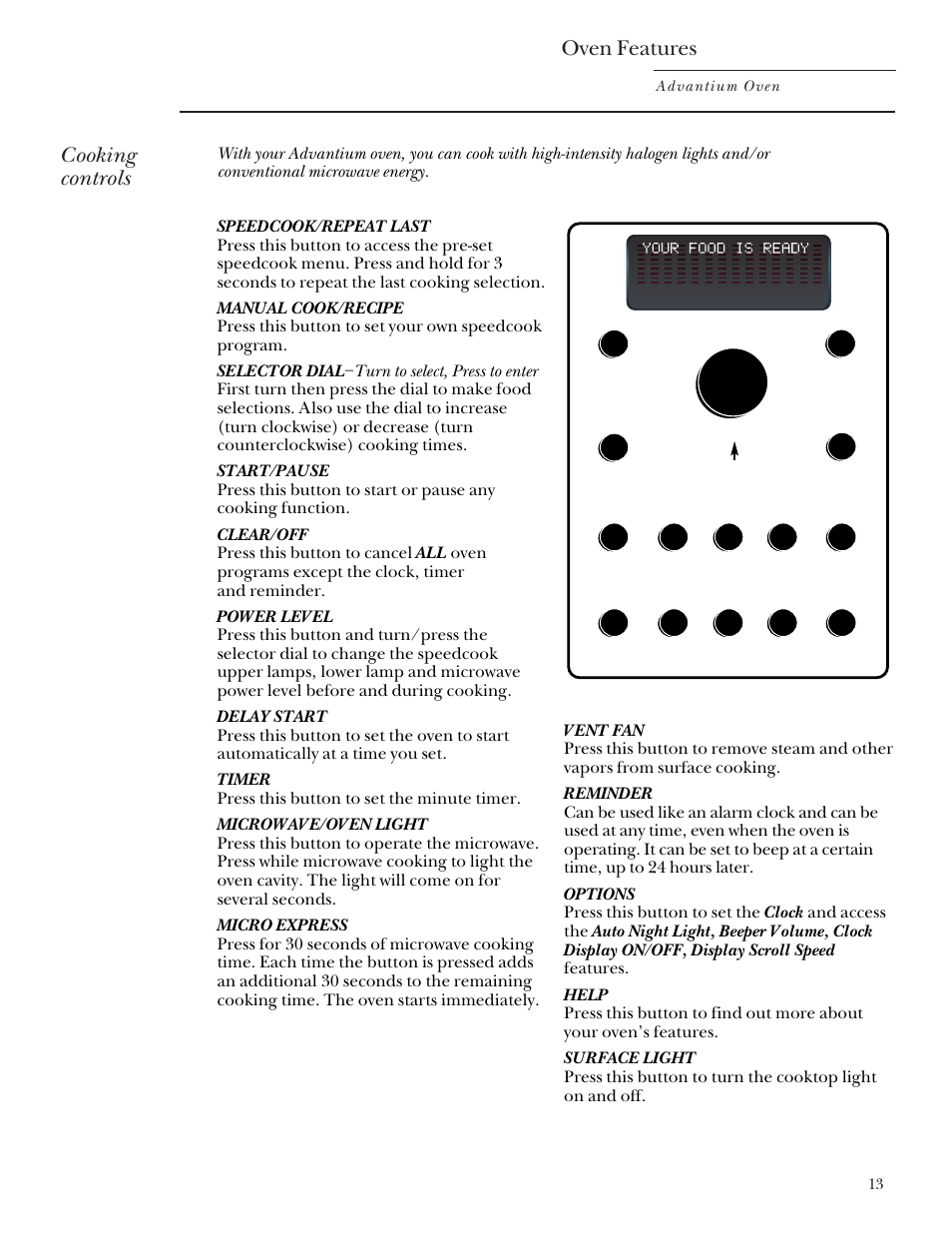 Cooking controls, Cooking controls oven features | GE Monogram SCA2000 User Manual | Page 13 / 48