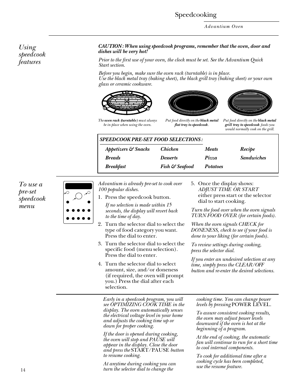 Using a pre-set speedcook menu, Speedcooking, Using speedcook features | GE Monogram SCA2000 User Manual | Page 14 / 48