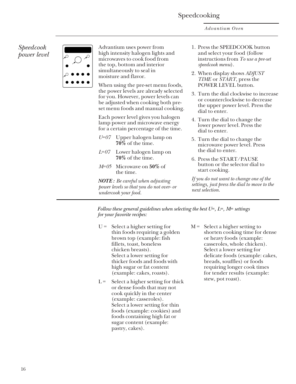 Power level, Speedcooking, Speedcook power level | GE Monogram SCA2000 User Manual | Page 16 / 48