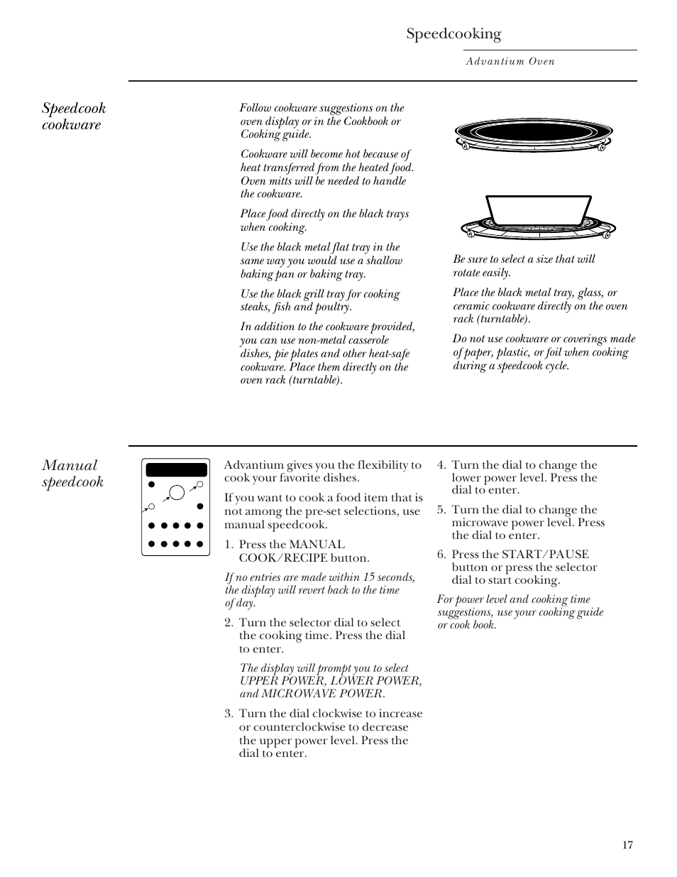 Manual speedcook, Speedcook cookware, Speedcooking | GE Monogram SCA2000 User Manual | Page 17 / 48