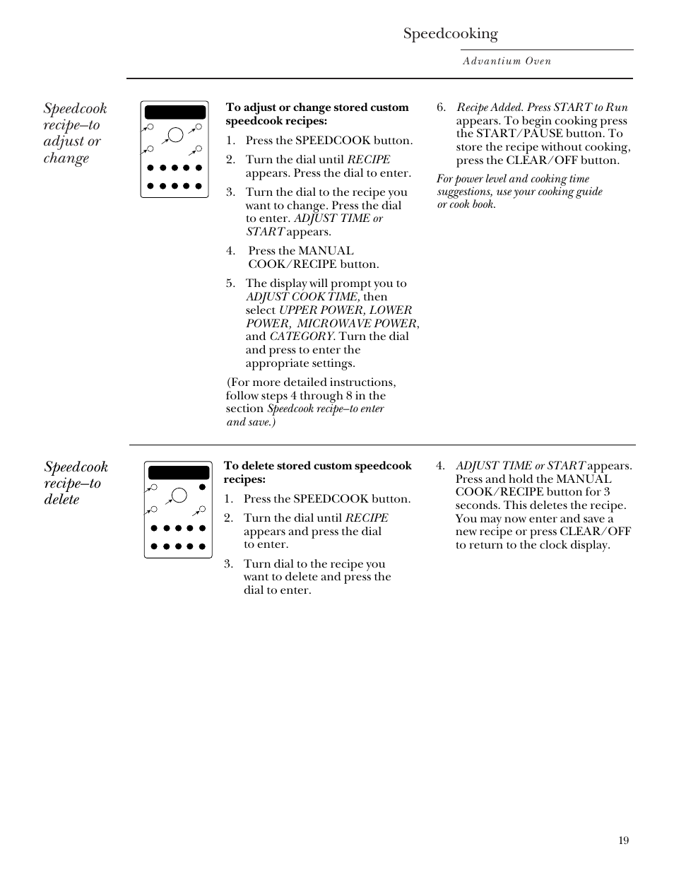 Speedcooking, Speedcook recipe—to adjust or change, Speedcook recipe—to delete | Advantium oven | GE Monogram SCA2000 User Manual | Page 19 / 48