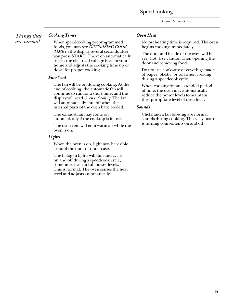 Things that are normal, Speedcooking | GE Monogram SCA2000 User Manual | Page 21 / 48