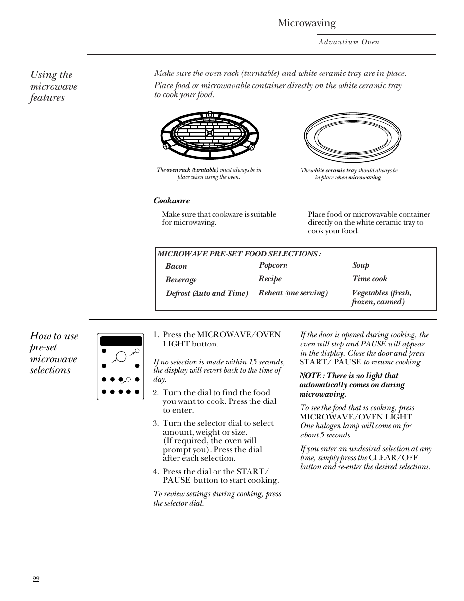 Using pre-set microwave selections, Using pre-set, Microwave selections | Microwaving, Using the microwave features, How to use pre-set microwave selections, Cookware | GE Monogram SCA2000 User Manual | Page 22 / 48