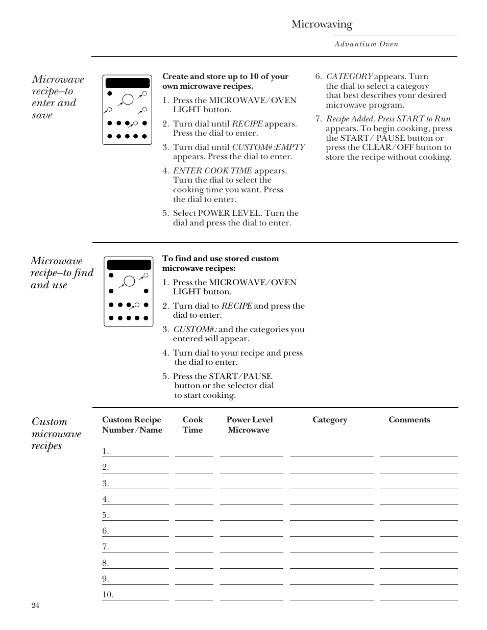 Custom microwave recipes, Custom microwave recipe log, Microwaving | Microwave recipe—to enter and save, Microwave recipe—to find and use, Advantium oven | GE Monogram SCA2000 User Manual | Page 24 / 48