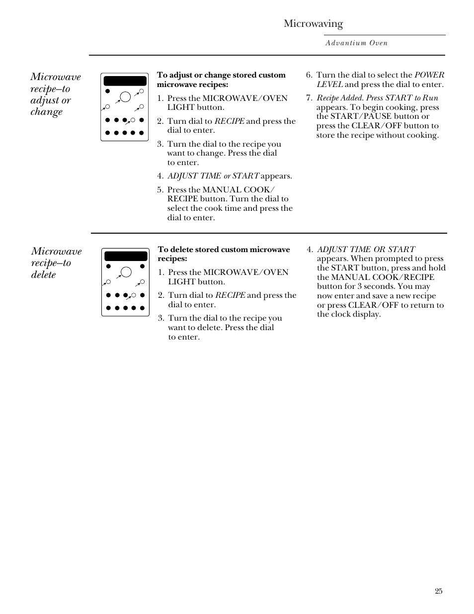 Microwaving, Microwave recipe—to adjust or change, Microwave recipe—to delete | Advantium oven | GE Monogram SCA2000 User Manual | Page 25 / 48