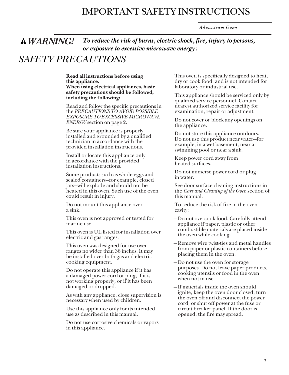 Warning! important safety instructions, Safety precautions | GE Monogram SCA2000 User Manual | Page 3 / 48