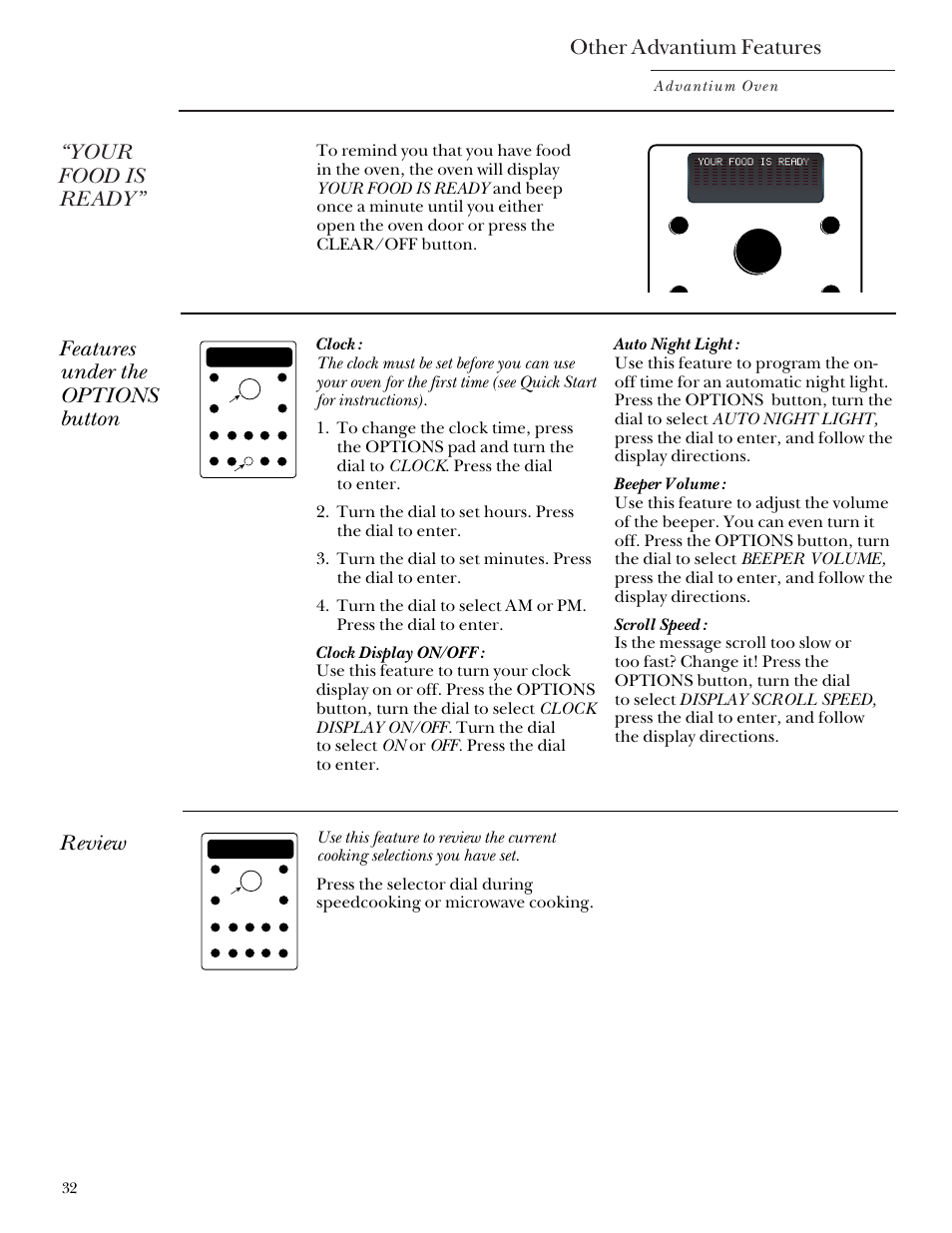 Auto night light, Beeper volume, Display on/off | Review, Scroll speed, Review scroll speed, Other advantium features, Your food is ready, Features under the options button, Advantium oven | GE Monogram SCA2000 User Manual | Page 32 / 48