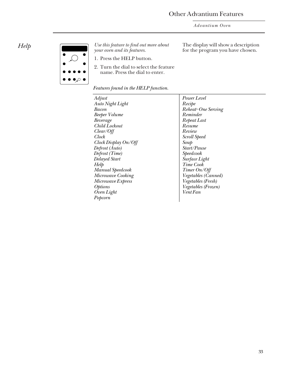 Help, Other advantium features, Advantium oven | GE Monogram SCA2000 User Manual | Page 33 / 48