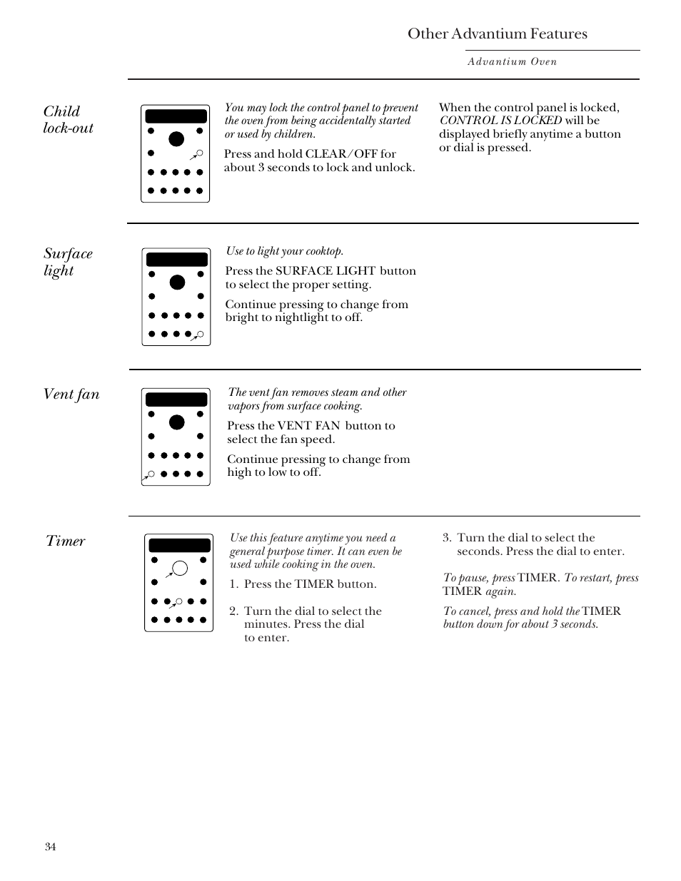 Child lockout, Surface light, Timer | Vent fan, Surface light timer vent fan, Other advantium features, Child lock-out surface light, Advantium oven | GE Monogram SCA2000 User Manual | Page 34 / 48