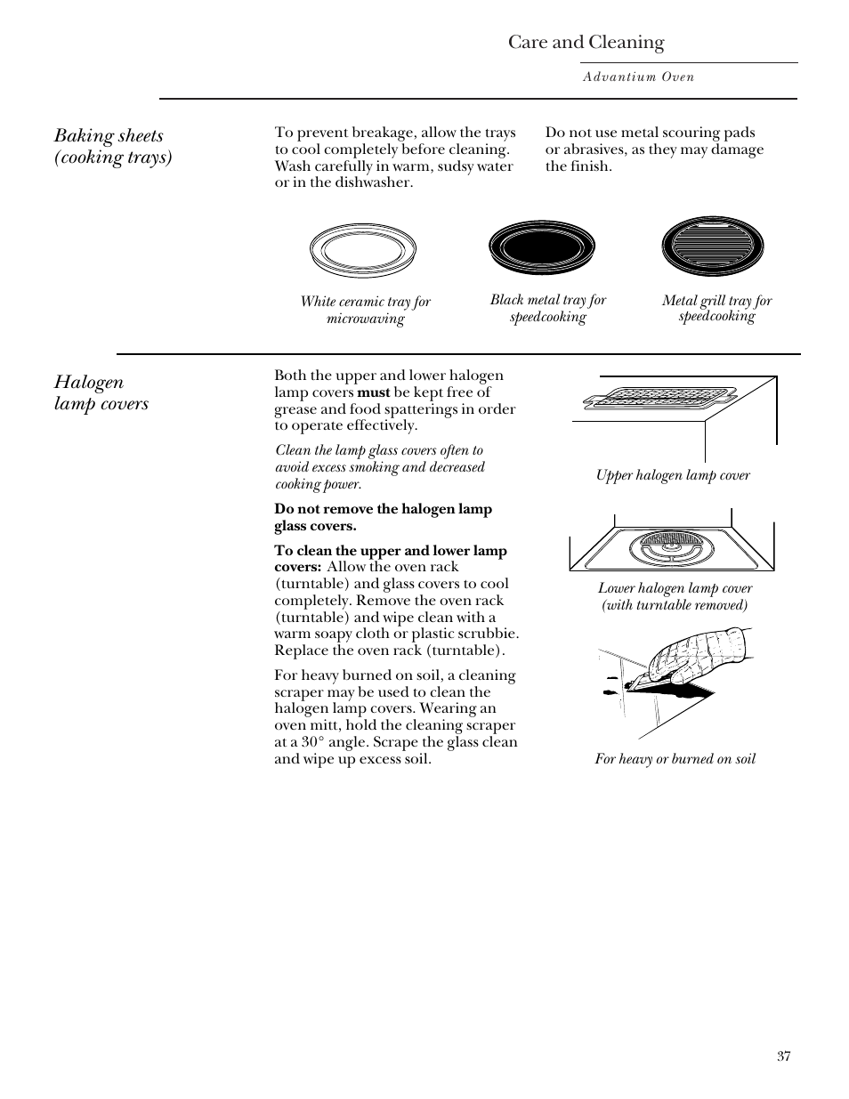 Lamp covers, Care and cleaning, Baking sheets (cooking trays) | Halogen lamp covers | GE Monogram SCA2000 User Manual | Page 37 / 48