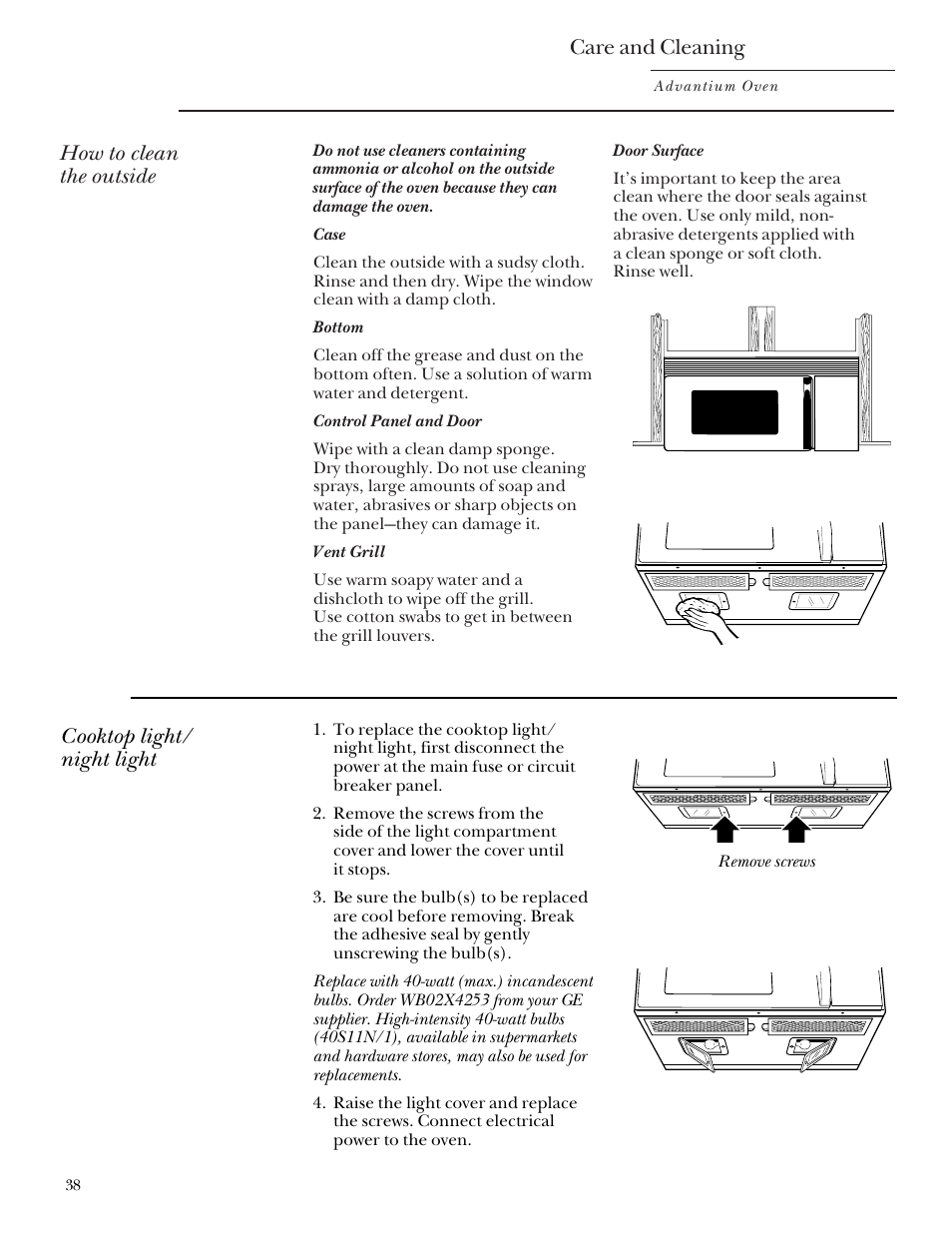 Cleaning the outside, Replacing lights, Care and cleaning | How to clean the outside, Cooktop light/ night light | GE Monogram SCA2000 User Manual | Page 38 / 48