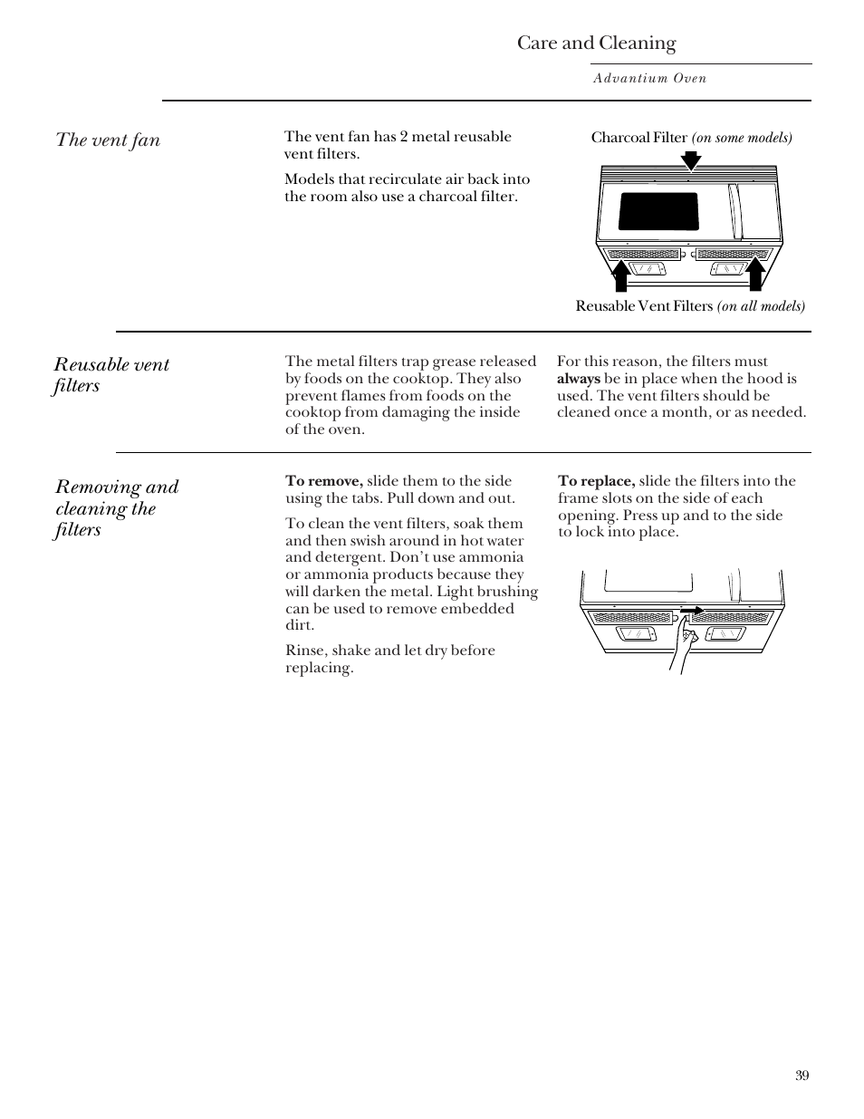 Filters, Filters –40, Care and cleaning | The vent fan | GE Monogram SCA2000 User Manual | Page 39 / 48