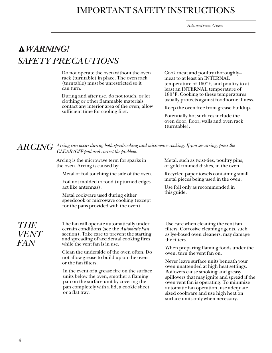Warning, Important safety instructions, Safety precautions | Arcing, The vent fan | GE Monogram SCA2000 User Manual | Page 4 / 48