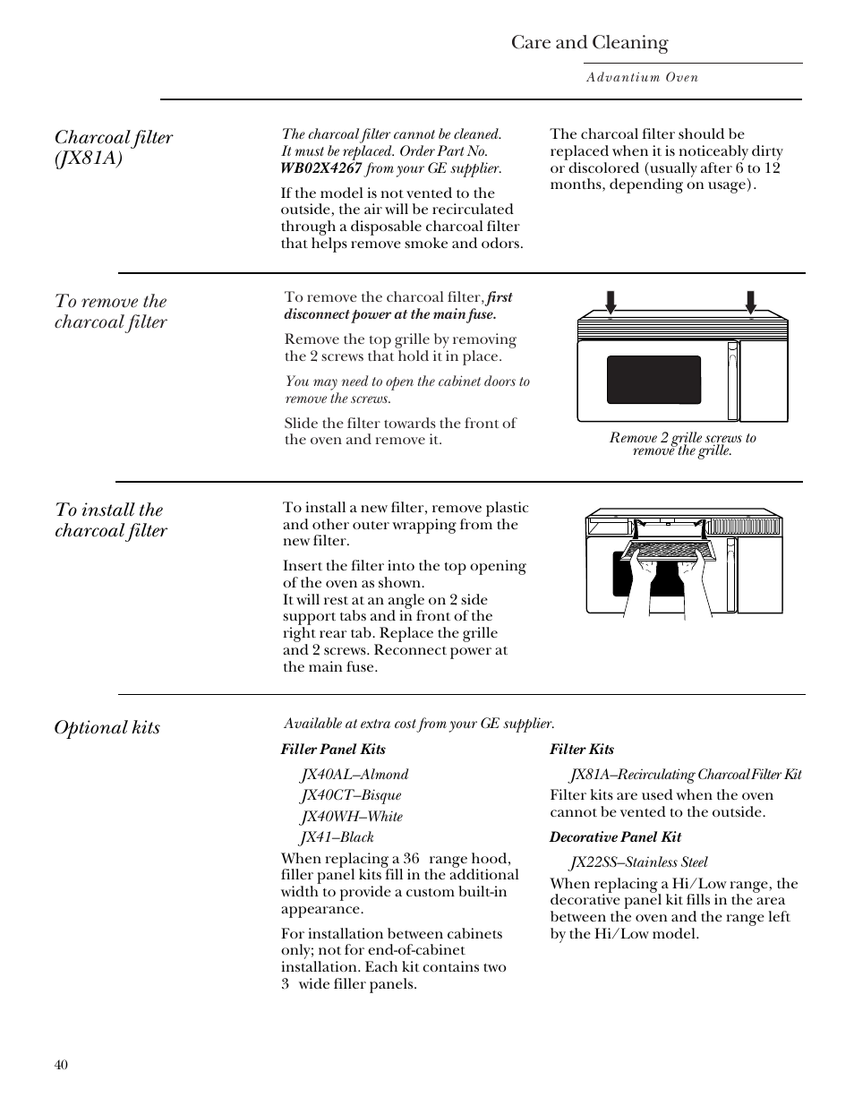 Optional accessories, Care and cleaning, Optional kits | GE Monogram SCA2000 User Manual | Page 40 / 48