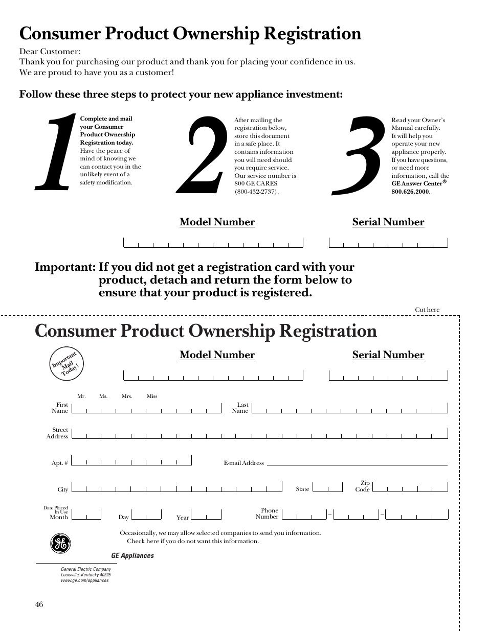 Consumer product ownership registration, Model number serial number | GE Monogram SCA2000 User Manual | Page 46 / 48