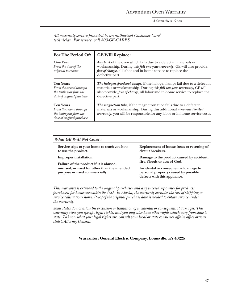 Warranty, Advantium oven warranty | GE Monogram SCA2000 User Manual | Page 47 / 48