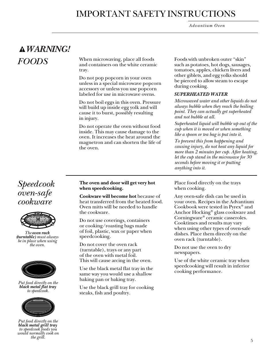Speedcook-safe cookware, Warning, Important safety instructions | Foods speedcook oven-safe cookware | GE Monogram SCA2000 User Manual | Page 5 / 48