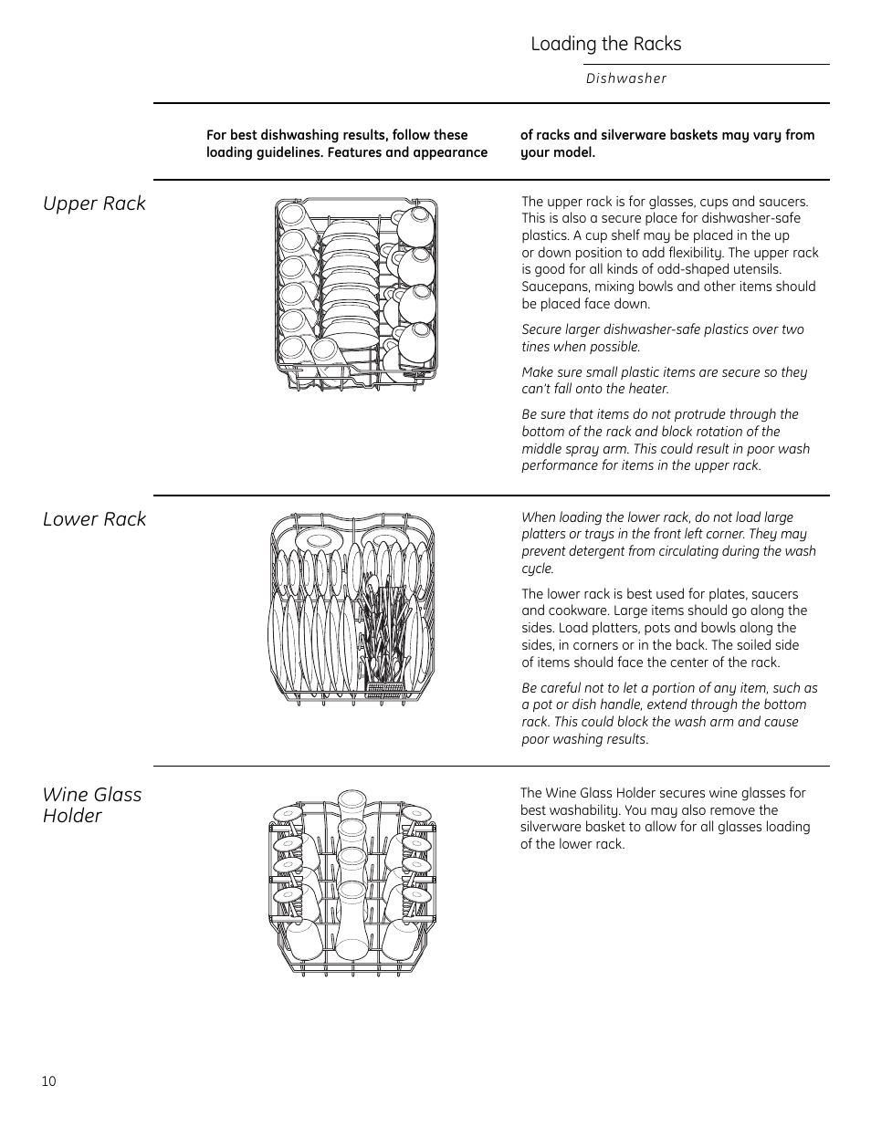 Dishwasher racks, Dishwasher racks , 11, Upper rack | Lower rack, Loading the racks, Wine glass holder | GE Monogram ZBD1850 User Manual | Page 10 / 24