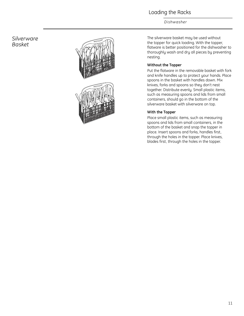 Silverware basket, Loading the racks | GE Monogram ZBD1850 User Manual | Page 11 / 24