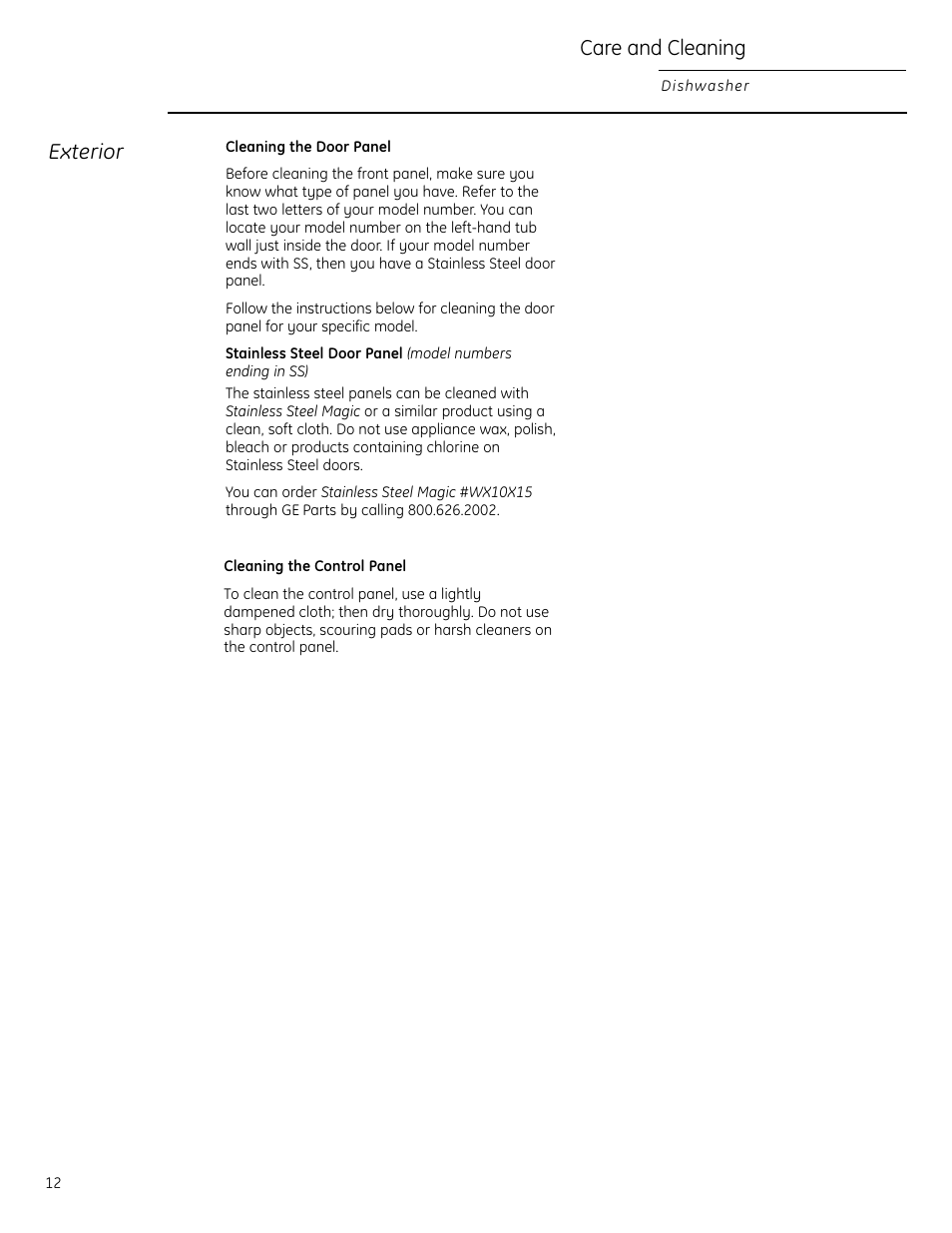 Care and cleaning, Care and cleaning –14, Exterior | GE Monogram ZBD1850 User Manual | Page 12 / 24