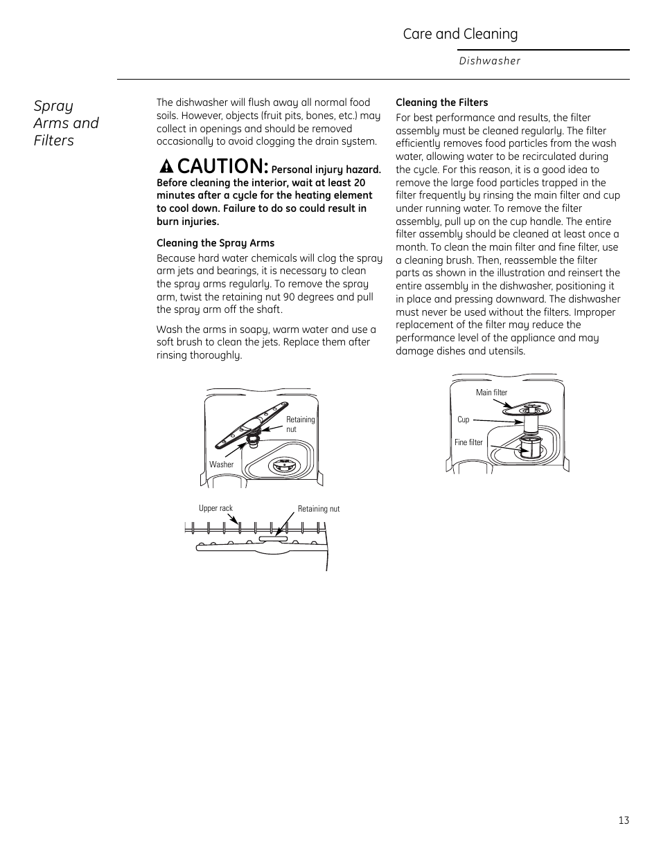 Caution, Care and cleaning, Spray arms and filters | GE Monogram ZBD1850 User Manual | Page 13 / 24