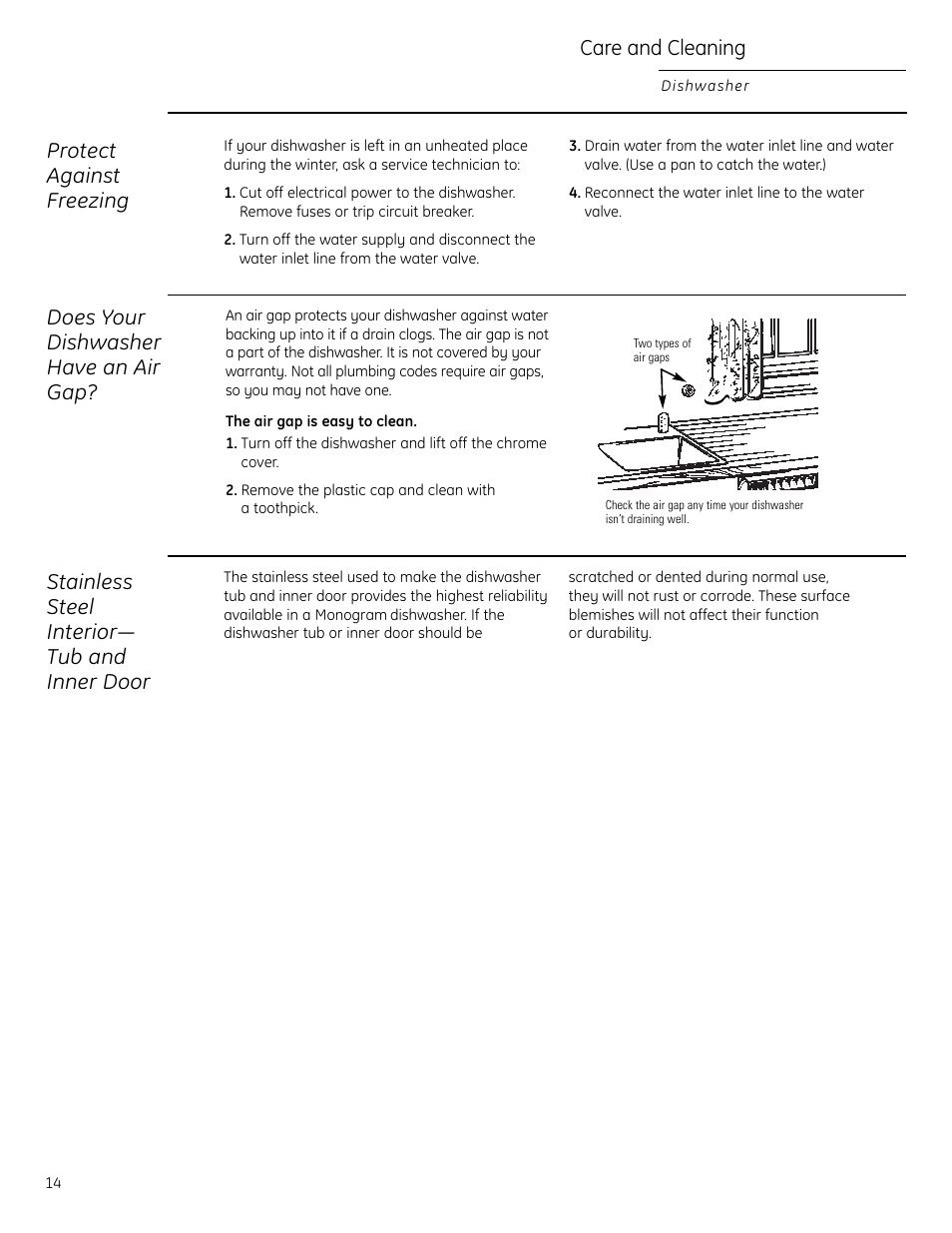 Care and cleaning, Protect against freezing, Does your dishwasher have an air gap | Stainless steel interior— tub and inner door | GE Monogram ZBD1850 User Manual | Page 14 / 24