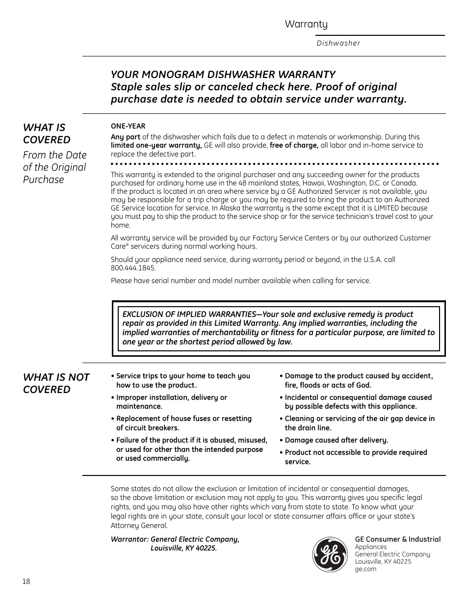 Warranty, What is not covered | GE Monogram ZBD1850 User Manual | Page 18 / 24