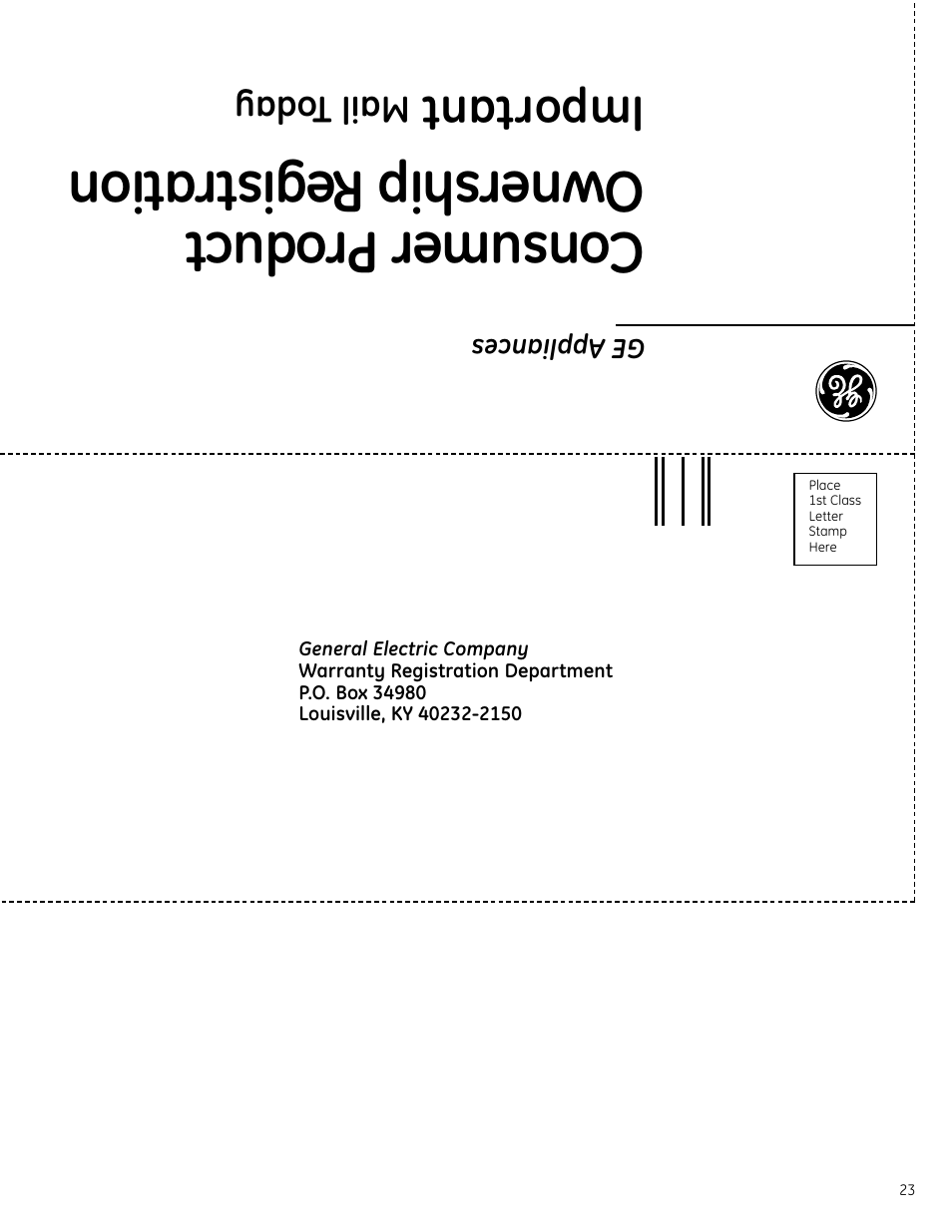Consumer pr oduct ownership r egistration, Important | GE Monogram ZBD1850 User Manual | Page 23 / 24