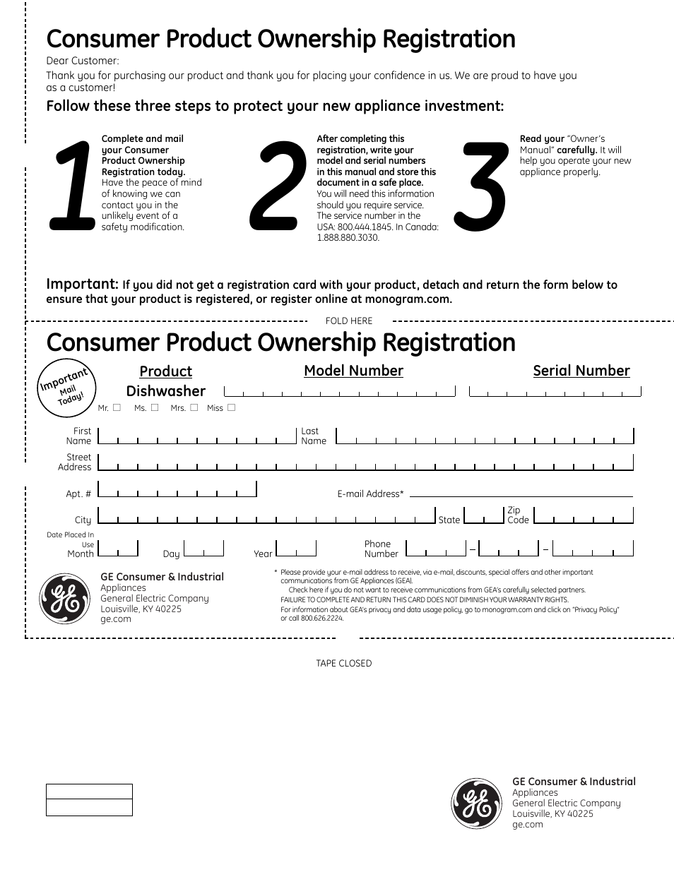 Consumer product ownership registration | GE Monogram ZBD1850 User Manual | Page 24 / 24