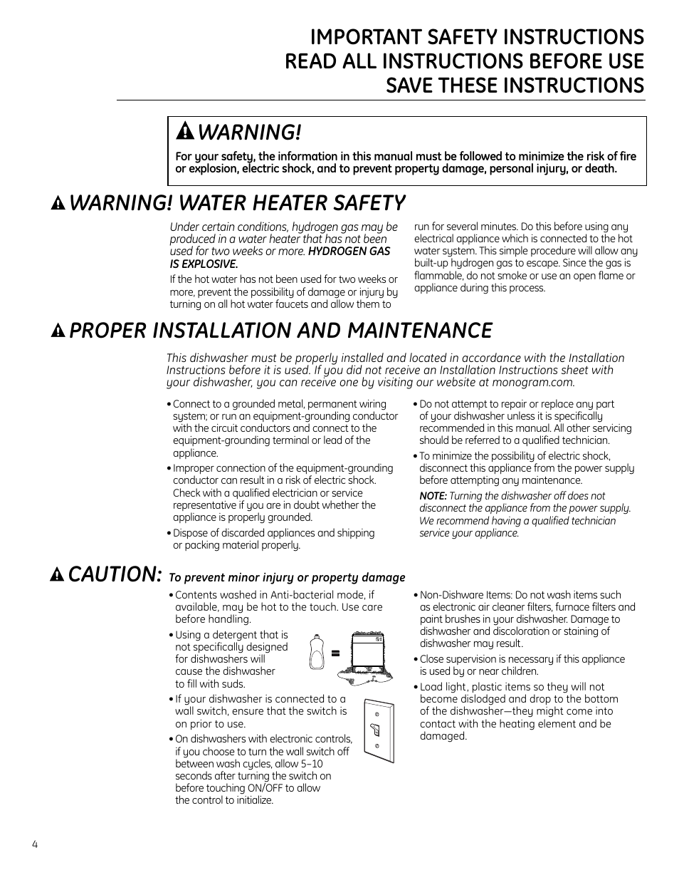 Safety instructions, Safety instructions , 5, Caution | Warning, Proper installation and maintenance | GE Monogram ZBD1850 User Manual | Page 4 / 24